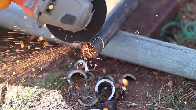 Man is cutting a metal list by angle grinder saw.