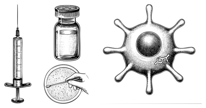 Syringe for injection, hypodermic vaccine bottle, immunization vial petri dish culture with swab virus cell illustration, pathogen. Engraved vector art.
