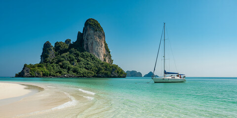 Obraz premium Tropical Island Paradise with Sailboat and Turquoise Waters