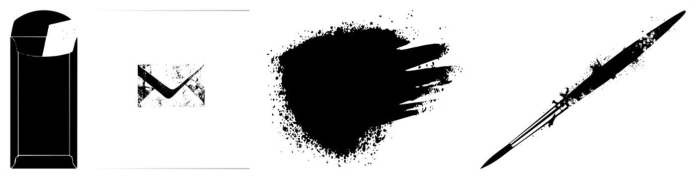 Abstract ink splatter with paintbrush, envelope glyph, mail, grunge texture, vector illustration, minimalist design, black and white aesthetic.
