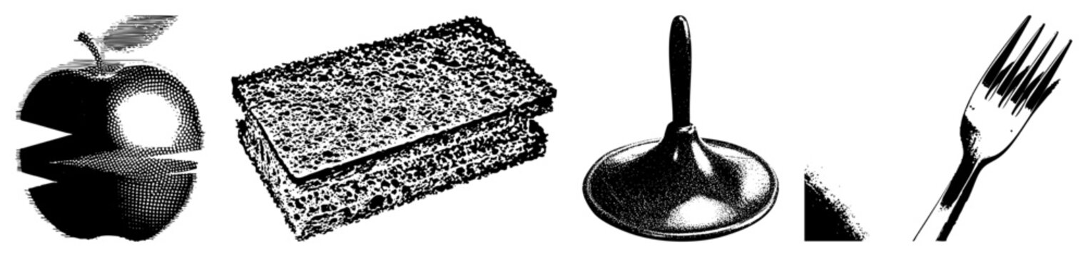 Black and white halftone graphic featuring fruit, food, tool, utensil stylized cutout, rasterized vector art, dot matrix illustration, retro print design, clipart.