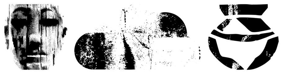 Obraz premium Stylized human face rendered in halftone dot, fragmented symbols, glitch aesthetic portraits, vector art.