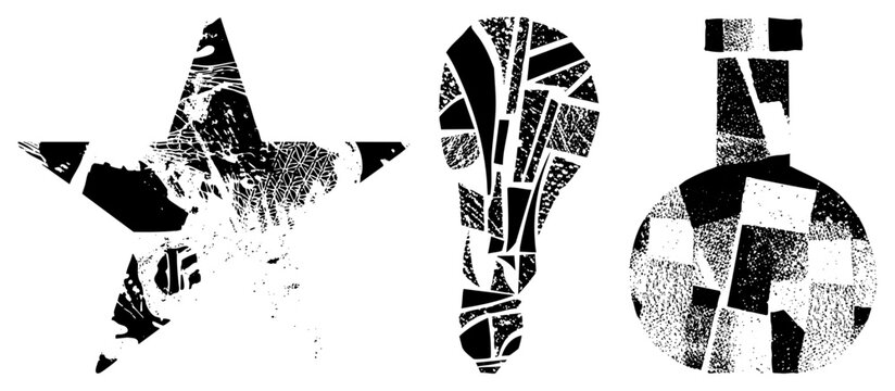 Shattered glyph symbols featuring geometric fragmentation, pixelated noise, and distressed textures for modern design use.