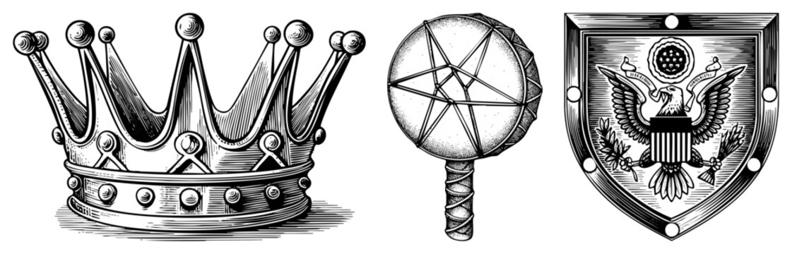 Regal crown, mystical pentacle, shield vintage etchings for or occult use. Also diadem, arcane bludgeon, national escutcheon.