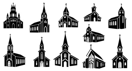 Fototapeta premium Church Silhouette Collection Christian Religious Building Vector Illustration Set