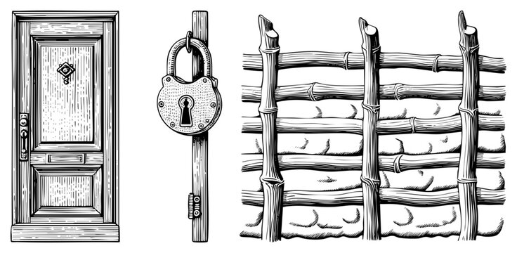 Hand drawn wood door with ornate lock, antique padlock on post, rustic bamboo fence panel ideal for security or rustic design themes.