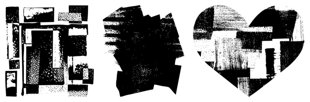 abstract composition featuring broken forms, pixelated gradients, and layered cutouts resembles digital glitch art or deconstructed vector graphics.