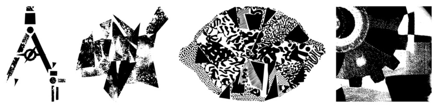 Stylized graphic composition using angular forms, broken, and stippled effects modernist design element, deconstructed illustration, avant garde visual motif.