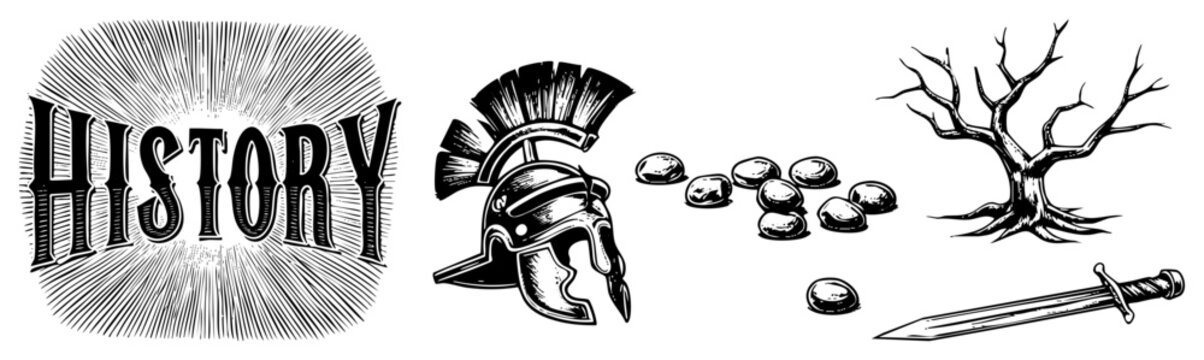 Historical illustration featuring classical antiquity motifs, including a Corinthian helmet, ancient coins, gladius sword, and barren tree evoking archaeology and mythos.