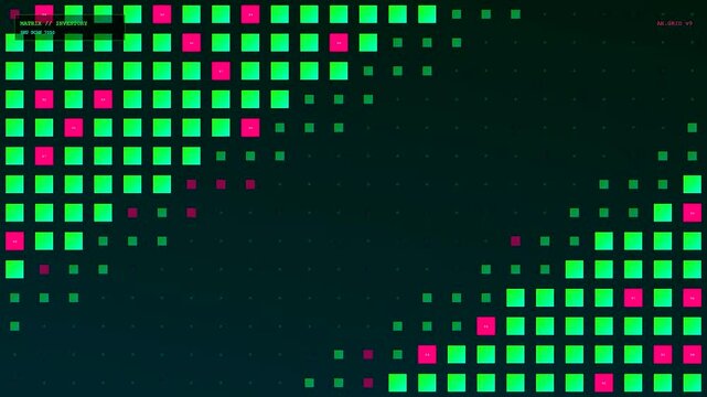 An advanced Augmented Retail Interface displaying dynamic inventory data through pulsating neon green and magenta pixels shifting in a futuristic rhythmic digital sequence
