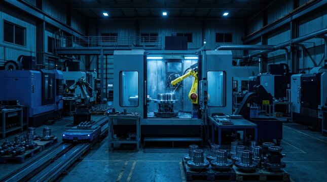 Night shift operations in an automated machine shop illuminated by bluetoned lighting focusing on robotic CNC machines working quietly to fabricate precision oilfield components