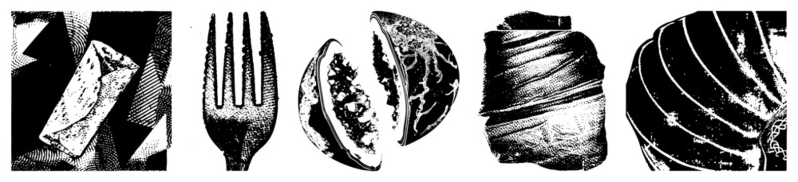 Stylized food cutouts including burrito, fork, fig, bread, and pastry graphic design elements for menus or packaging using retro print techniques.