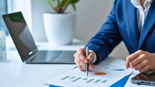 Business Acumen: An individual in a professional setting meticulously reviews financial charts and data on a desk, poised to make strategic business decisions.