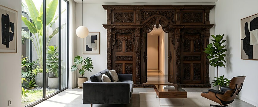 Modern Minimalist Interior Design Featuring Traditional Hand-Carved Wooden Javanese Gebyok Door