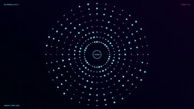 A sophisticated Augmented Retail Interface displays dynamic radial data patterns pulsing across a deep cosmic void to simulate advanced digital scanning and futuristic commercial analytics