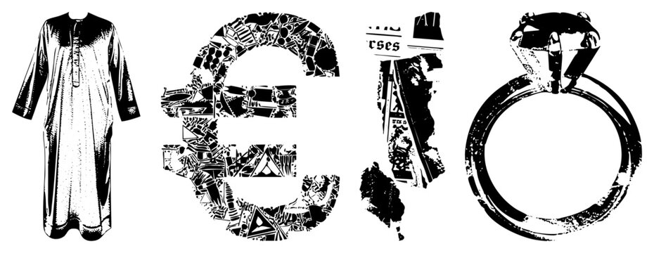 graphic collage featuring garment, currency, newsprint snippet, and jewelry stylized halftone silhouettes, cutout illustrations, vector art elements.
