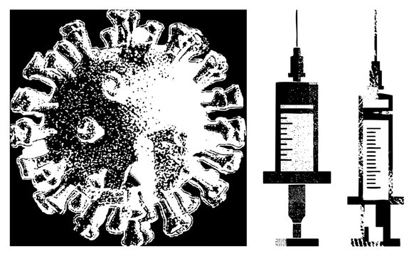 Microscopic pathogen illustration and medical injection tool, viral cell depiction, hypodermic graphic, biomedical symbol set, stippled design.