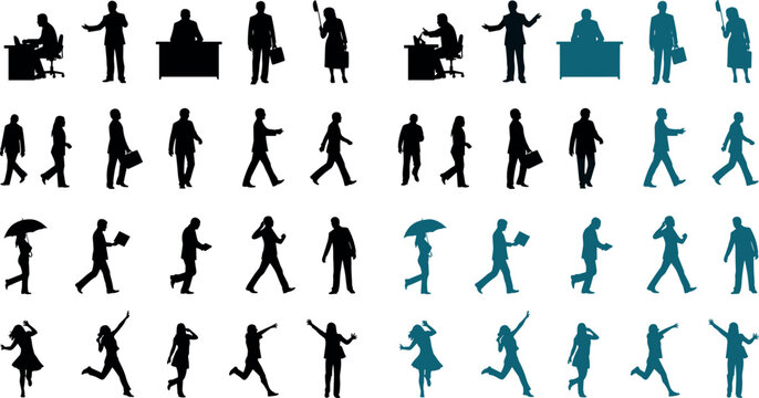 Business people and walking human silhouettes set vector illustration collection office workers movement poses isolated black shadow figures bundle