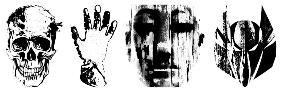 Distorted horror symbols including, palm print, spectral, and angular mask eerie emblems for dark themes, gothic design, or Halloween visuals.