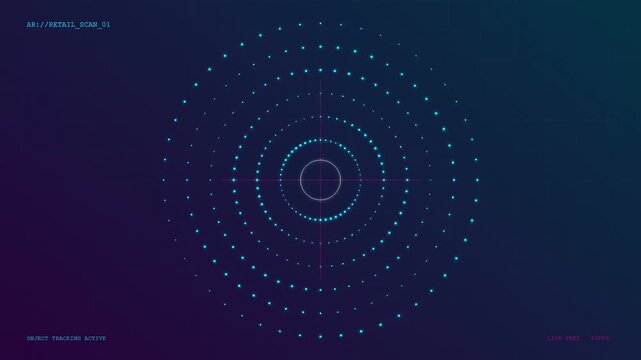 A sophisticated Augmented Retail Interface displays a pulsing holographic radar scan with concentric data points shifting through deep indigo and cyan gradients for futuristic surveillance
