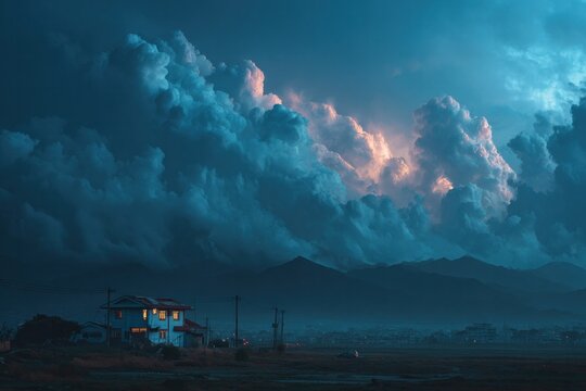 Dramatic Clouds Over a Serene Mountain House