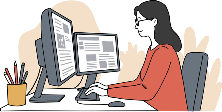 Young woman working at a desk with dual monitors, focused on computer tasks in a modern office environment, hand drawn style with soft background and vibrant colors depicting productivity