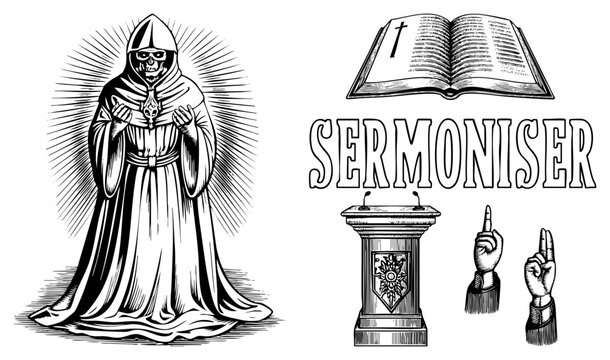 Grim reaper sermonizer, death preacher illustration macabre religious speaker, gothic motif, occult homilist design.