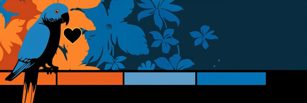 Vibrant tropical illustration blue parrot perched on a branch, surrounded by stylized orange and teal flowers, offering ample copy space for creative designs.
