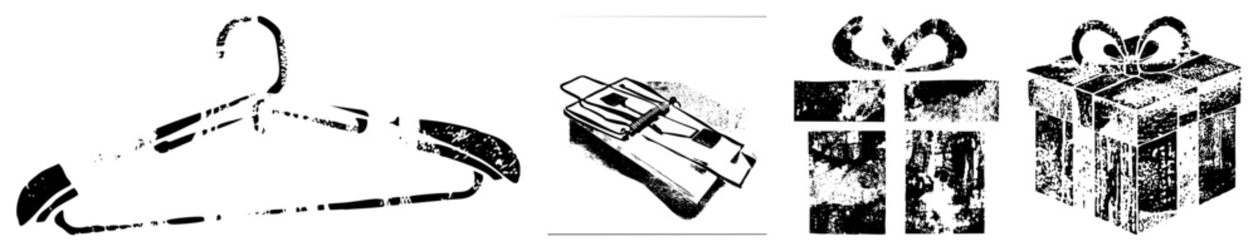 Distressed graphic symbols including coat hanger, snap trap, present box, and decorative bow cutout illustrations with halftone noise effect for vintage design use.