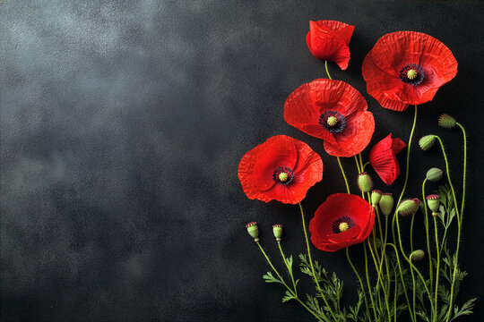 Red poppy flower frame on blackboard background