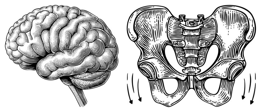 Cerebral cortex diagram paired with pelvic bone anatomy, neuroanatomy sketch, osteology drawing, medical illustration set, black and white art for education.