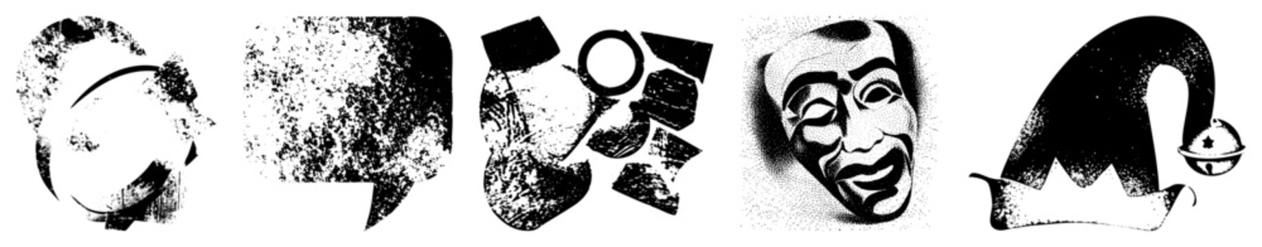 Distressed halftone graphic symbols including chat bubble, theatrical mask, jester cap also called vintage stencil, retro screen print elements, punk collage motifs.
