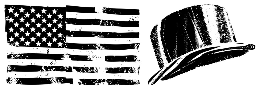 Distressed USA flag with stars and stripes paired with vintage top hat, symbol, 4th of July, Americana emblem.