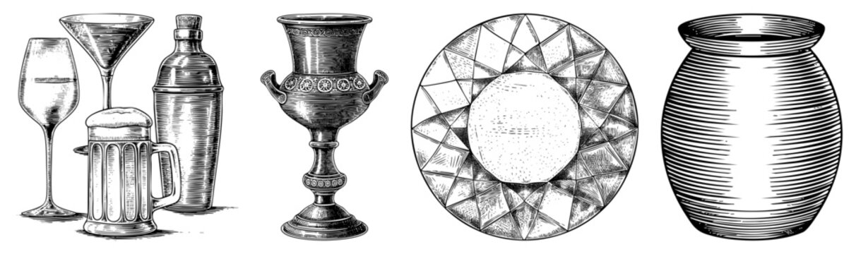 Retro engraved barware collection including cocktail shaker,, and plate ideal for vintage menus or speakeasy themes. etched glassware, antique drink vessels.