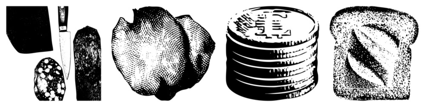 Black and white halftone illustrations of culinary items including steak knife, sausage, poultry, coin stack, toast also known as stippled food graphics or retro print style kitchen.