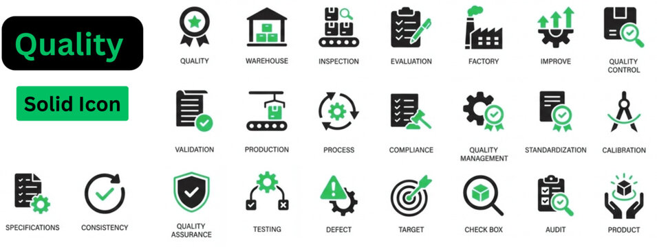 Solid vector of Quality icon set. Quality solid icon set. Quality management icon. Includes quality badge, checklist, defect alert, production, satisfaction, approval, continuous improvement. 