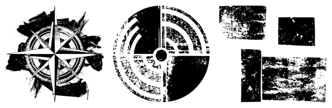 Weathered navigational compass and radar graph, vintage directional symbol, retro cartography, halftone distress effect, vector cutout.