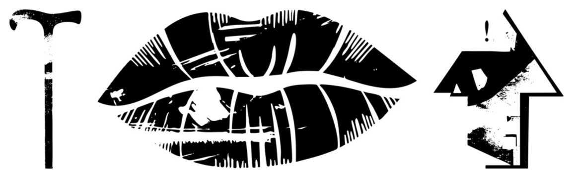 Graphic illustration of bold lips with distressed, vector mouth design, halftone inspired lip art, ideal for tattoo or streetwear motifs.