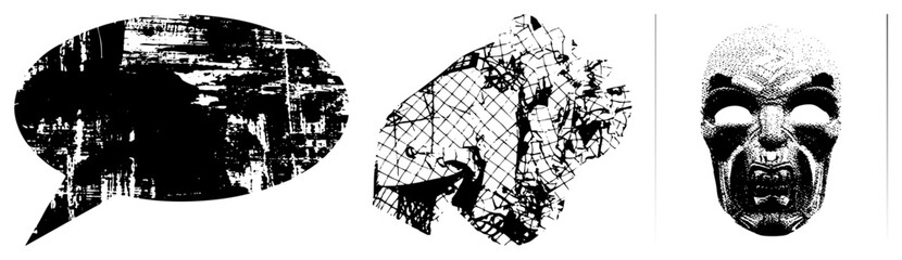 Obraz premium Distressed comic dialogue balloon, fragmented horror mask, dot matrix terror stylized for edgy design, punk aesthetics, or horror branding.