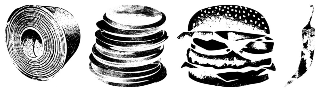 Fast food components rendered in retro halftone style hamburger elements, sandwich, burger assembly, graphic, food illustration set.