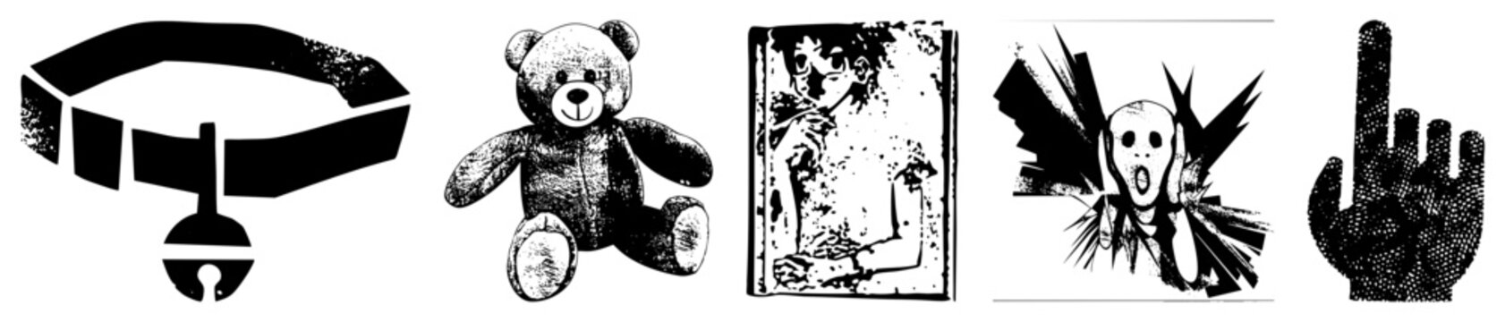 Halftone pet collar, teddy bear, horror comic, scream mask, raised hand. Print/digital use. Also called stipple or dot matrix art.