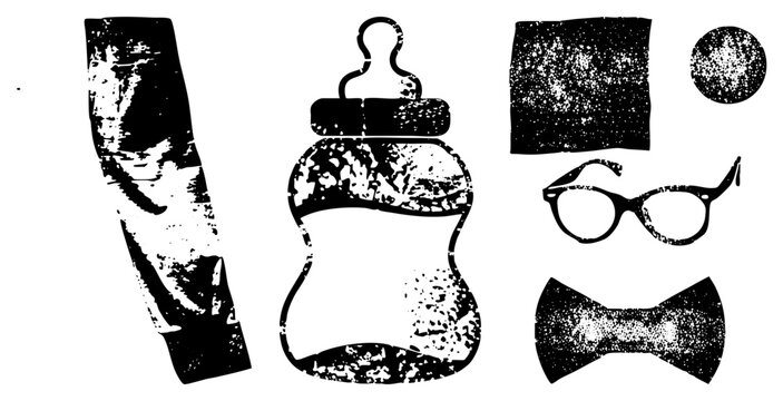 Distressed graphic elements including infant feeding bottle, neckwear accessory, eyewear frame, and textured geometric forms ideal for retro branding or punk design projects.