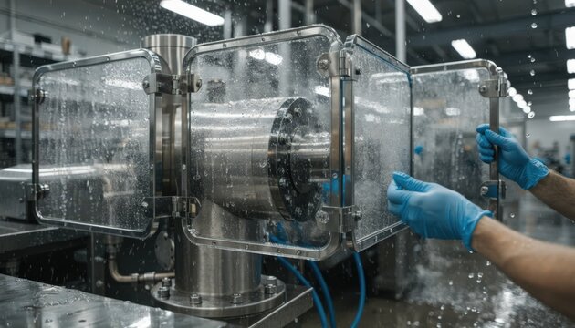 Medium shot of hinged washdownsafe guards being attached around machinery allowing quick access while maintaining high hygiene standards in food processing facilities.