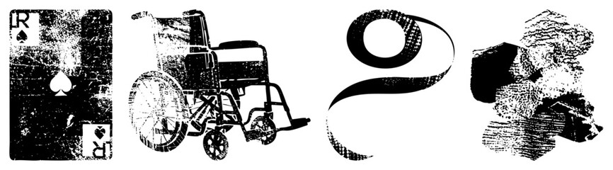 Obraz premium Distressed vector symbols including ace of spades, mobility chair, abstract swirl glyph, and craggy rock ideal for edgy branding or punk themed designs.
