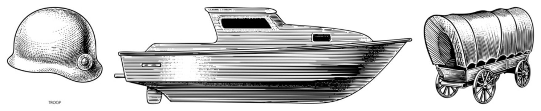 Pen and ink drawing of historical military helmet, speedboat, and wagon halftone shading, engraving style, antique transport.