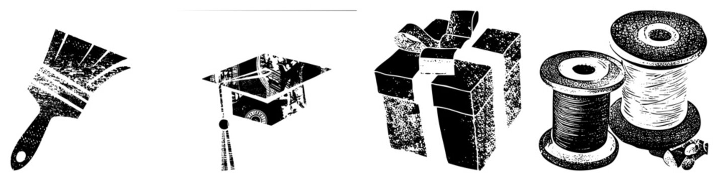 Stippled graphic symbols including brush tool, academic mortarboard, wrapped present, sewing bobbins also called dot matrix or halftone glyphs for design use.