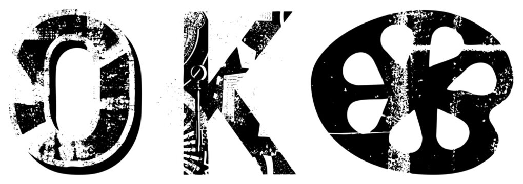 Rugged stencil typography OKB, weathered letterforms, industrial graphic design, urban street art font, gritty typographic cutout.