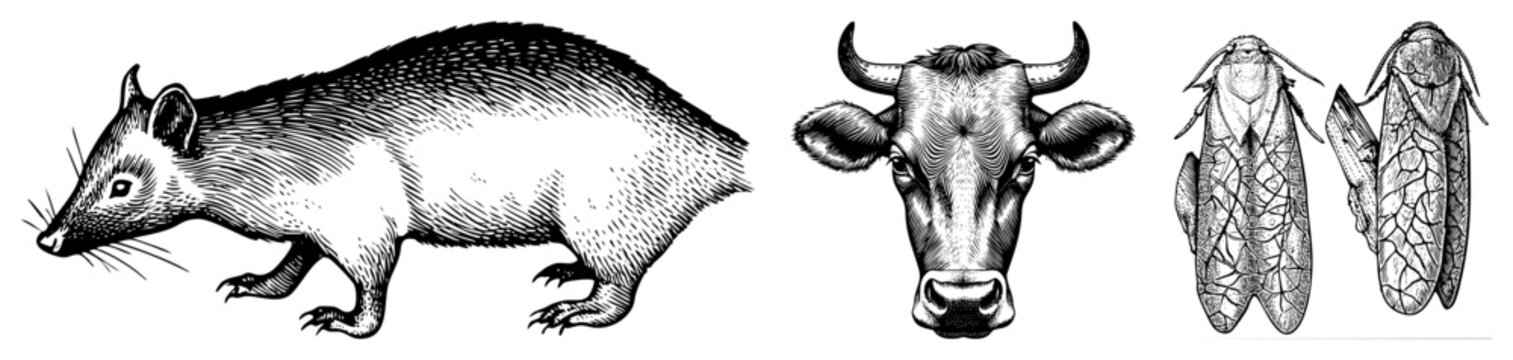Etched zoological drawings of shrew like mammal, cow head, moth pair ideal for natural history, taxonomy, scientific docs. engraved fauna, vintage biological sketches.
