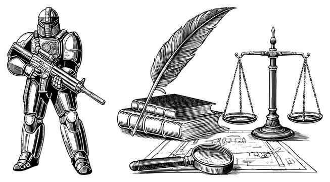 Heavily armored combatant holding assault rifle next to juridical scales of justice, feather quill, law books, magnifier. tactical trooper, legal enforcement.