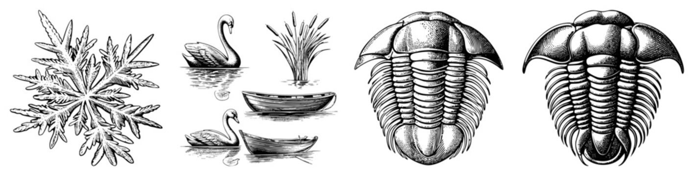 Classic engraved drawings featuring snowflake, graceful swans with rowboats, and prehistoric trilobite ideal for educational prints or retro design themes.